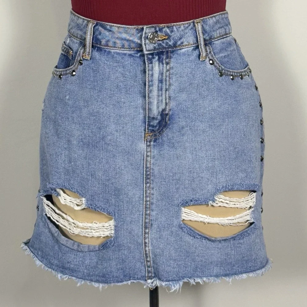 Y2K Guess Jeans Large Mini Denim Skirt Triangle Logo Embellished Trim Distressed